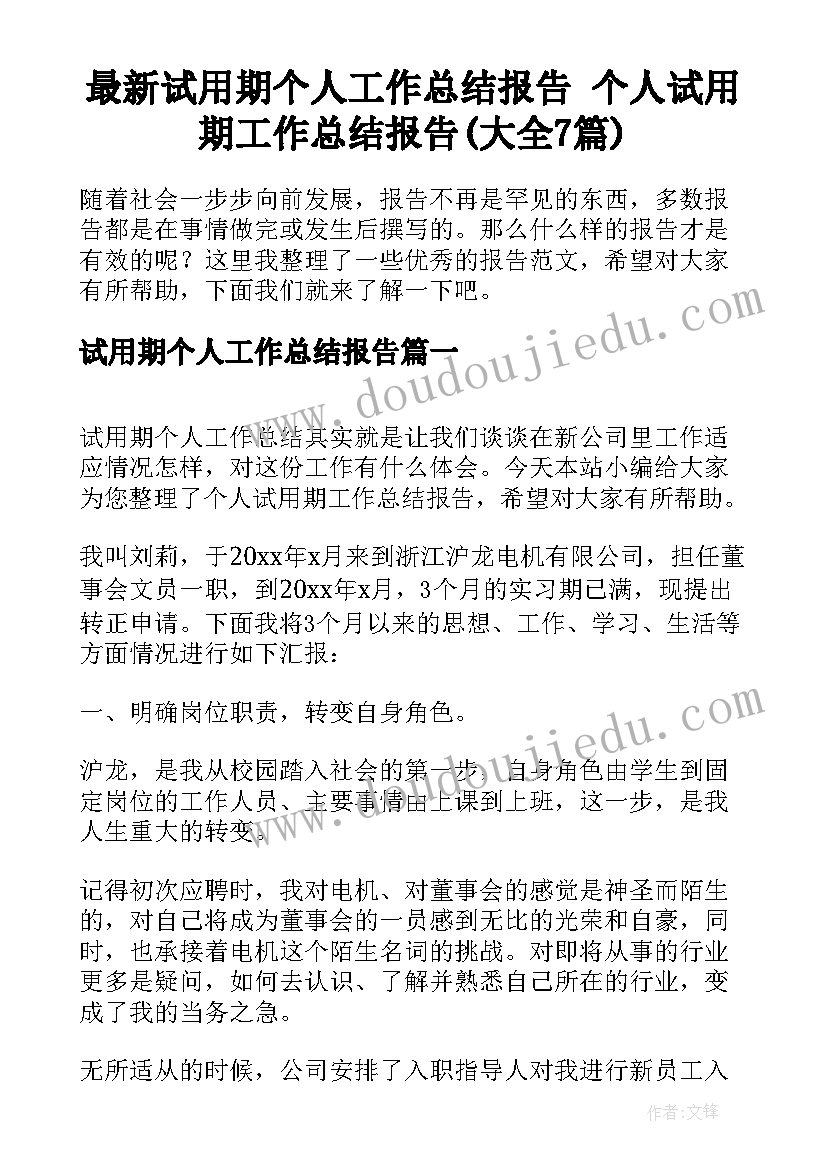 最新试用期个人工作总结报告 个人试用期工作总结报告(大全7篇)