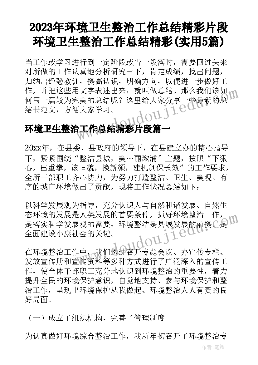 2023年环境卫生整治工作总结精彩片段 环境卫生整治工作总结精彩(实用5篇)