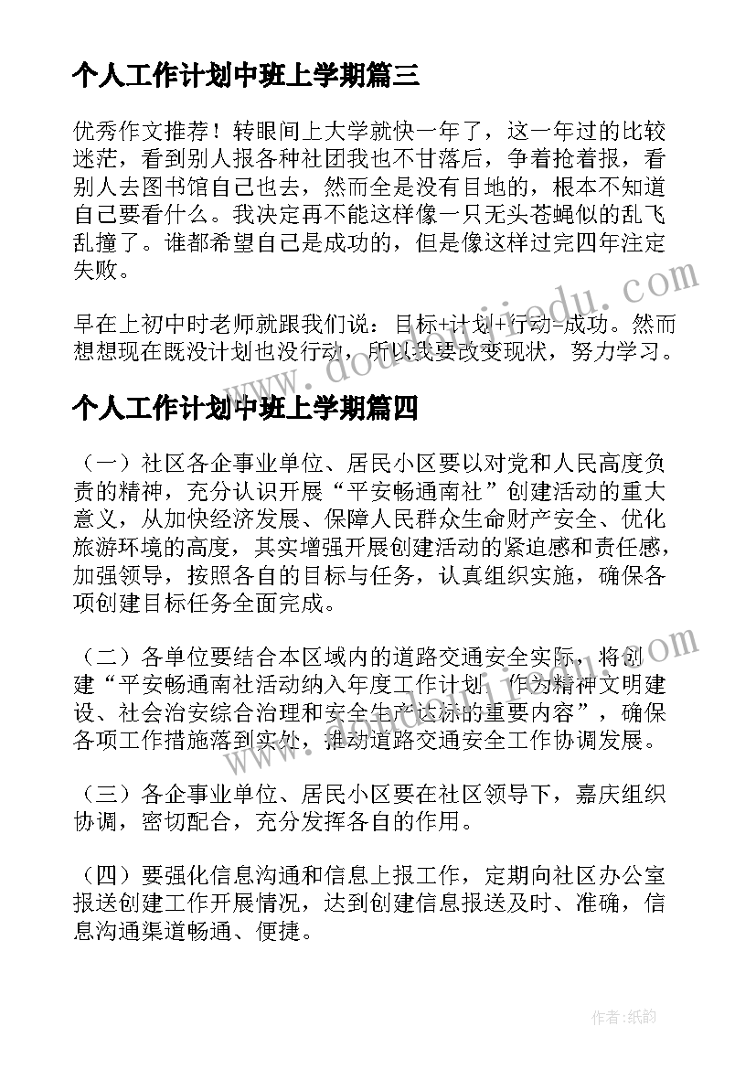 最新个人工作计划中班上学期 个人工作计划汇编(实用9篇)