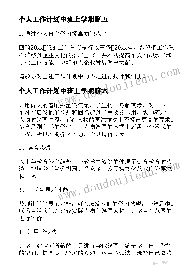 最新个人工作计划中班上学期 个人工作计划汇编(实用9篇)