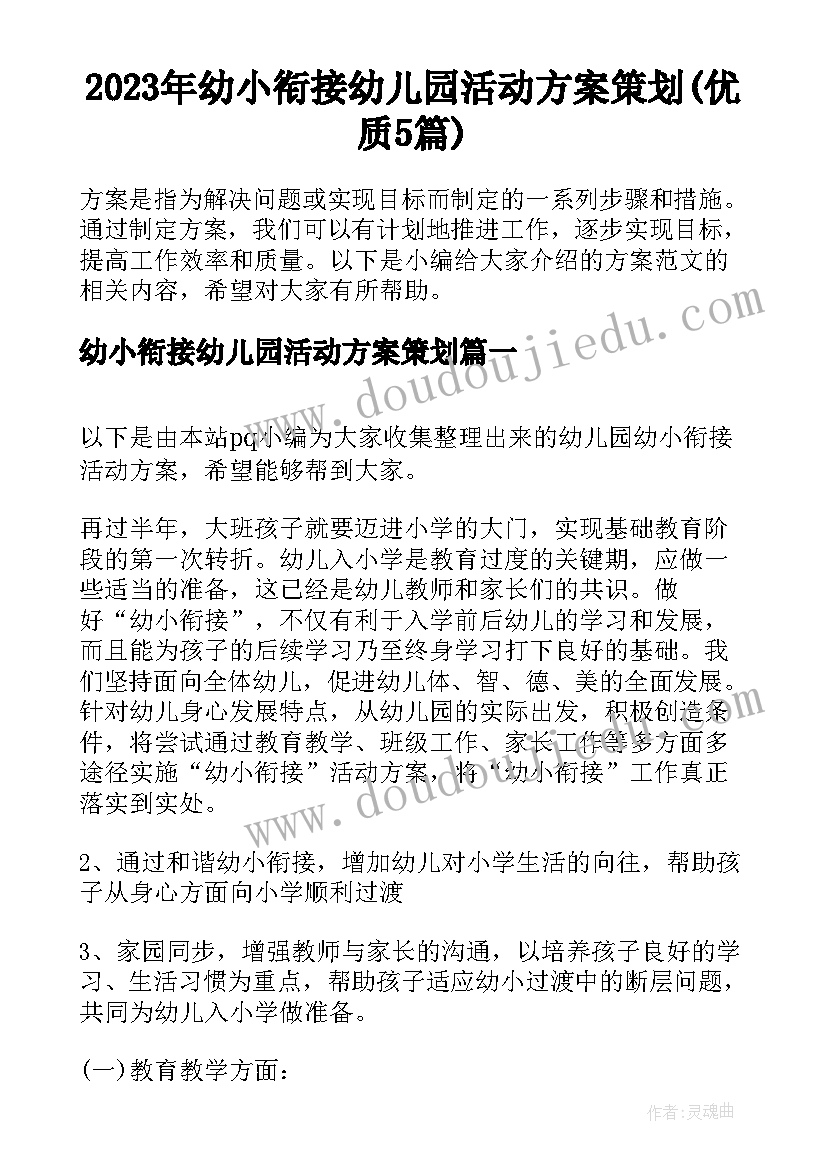 2023年幼小衔接幼儿园活动方案策划(优质5篇)