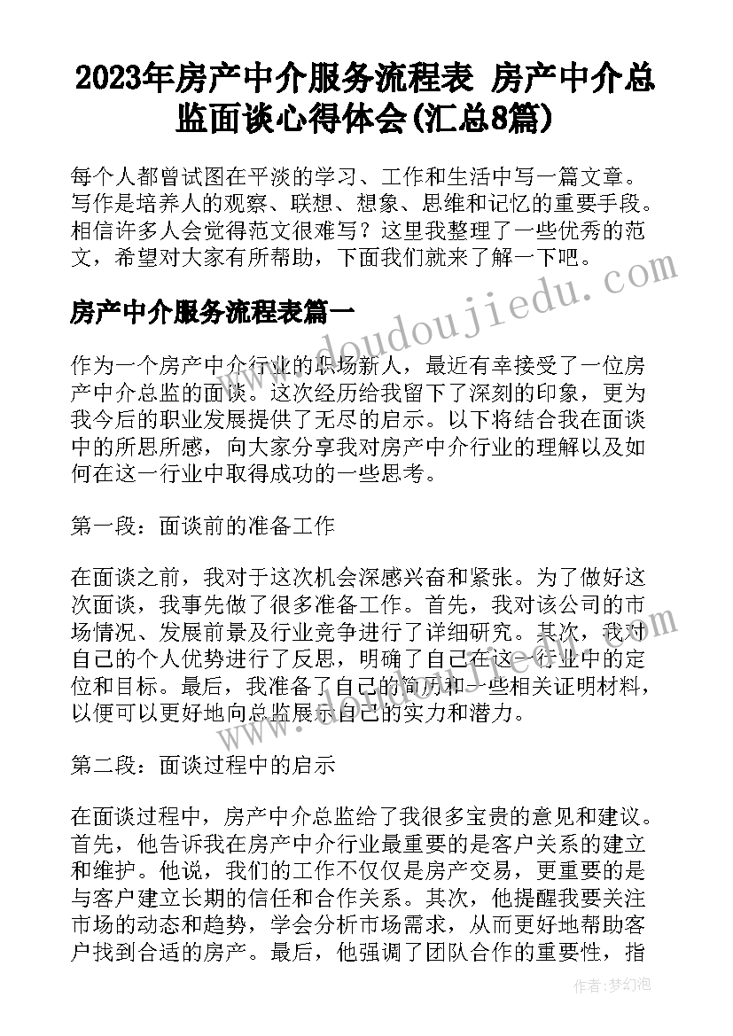 2023年房产中介服务流程表 房产中介总监面谈心得体会(汇总8篇)