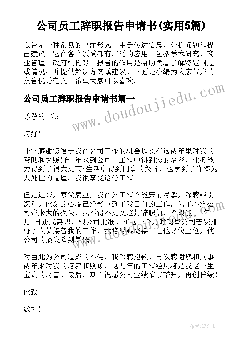 公司员工辞职报告申请书(实用5篇)