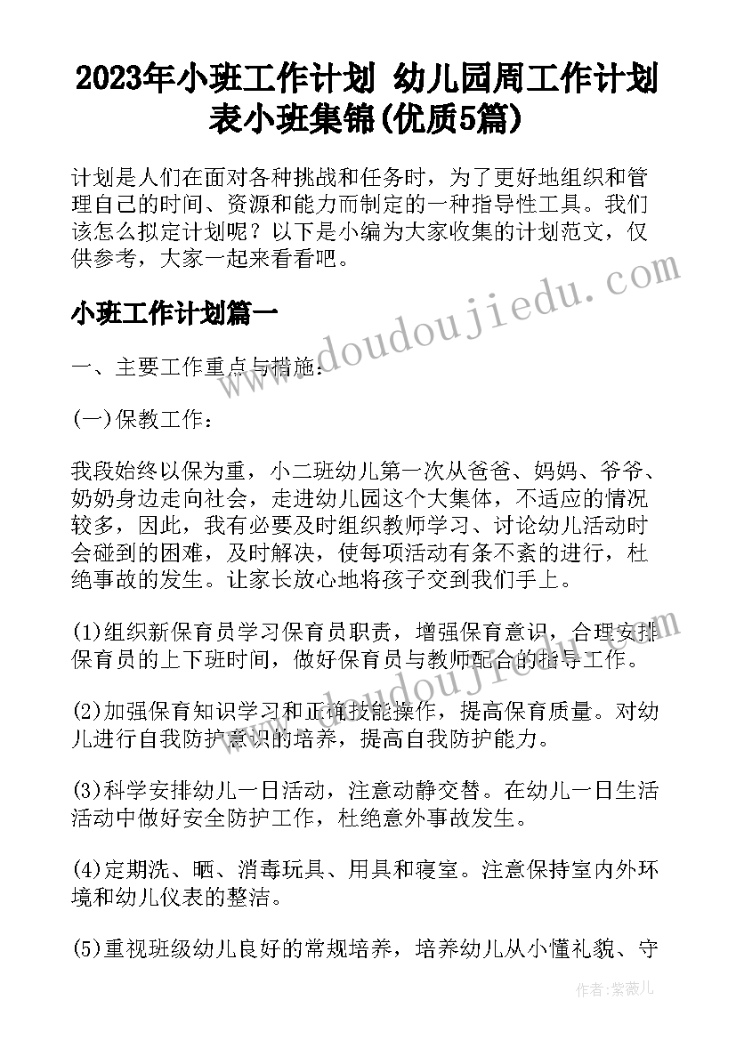 2023年小班工作计划 幼儿园周工作计划表小班集锦(优质5篇)