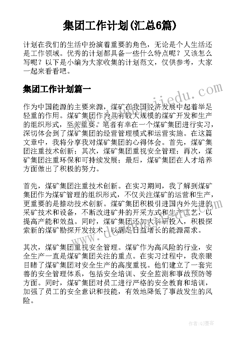 集团工作计划(汇总6篇)