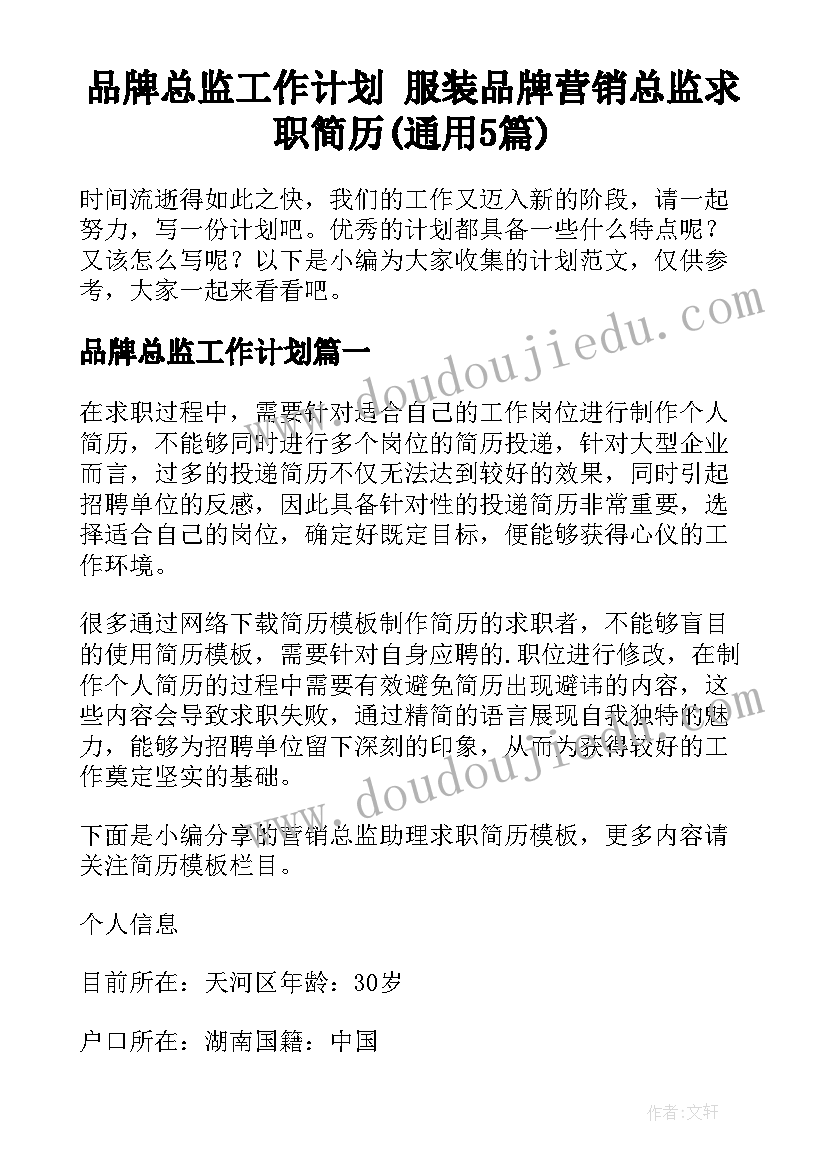 品牌总监工作计划 服装品牌营销总监求职简历(通用5篇)