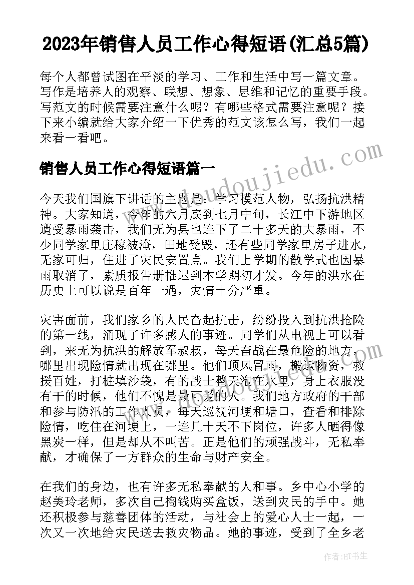 2023年销售人员工作心得短语(汇总5篇)