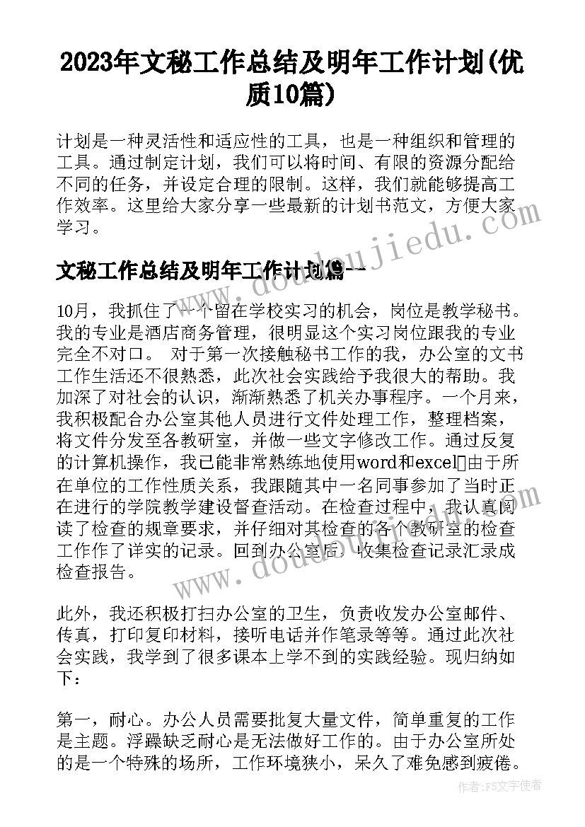 2023年文秘工作总结及明年工作计划(优质10篇)