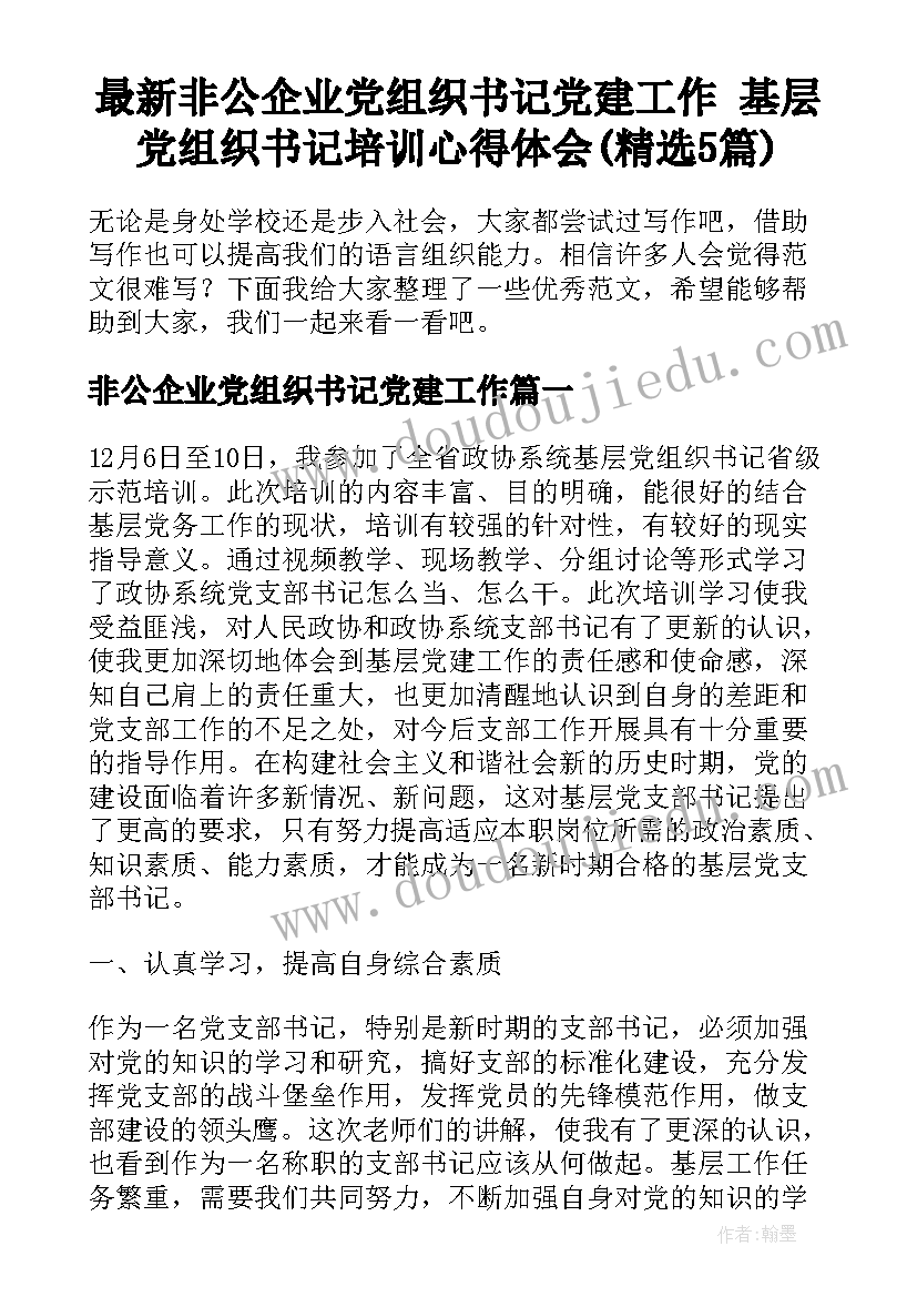 最新非公企业党组织书记党建工作 基层党组织书记培训心得体会(精选5篇)