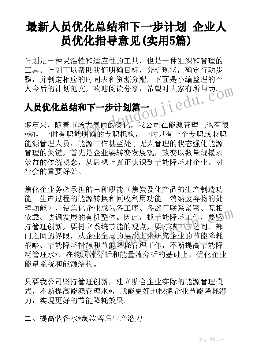 最新人员优化总结和下一步计划 企业人员优化指导意见(实用5篇)