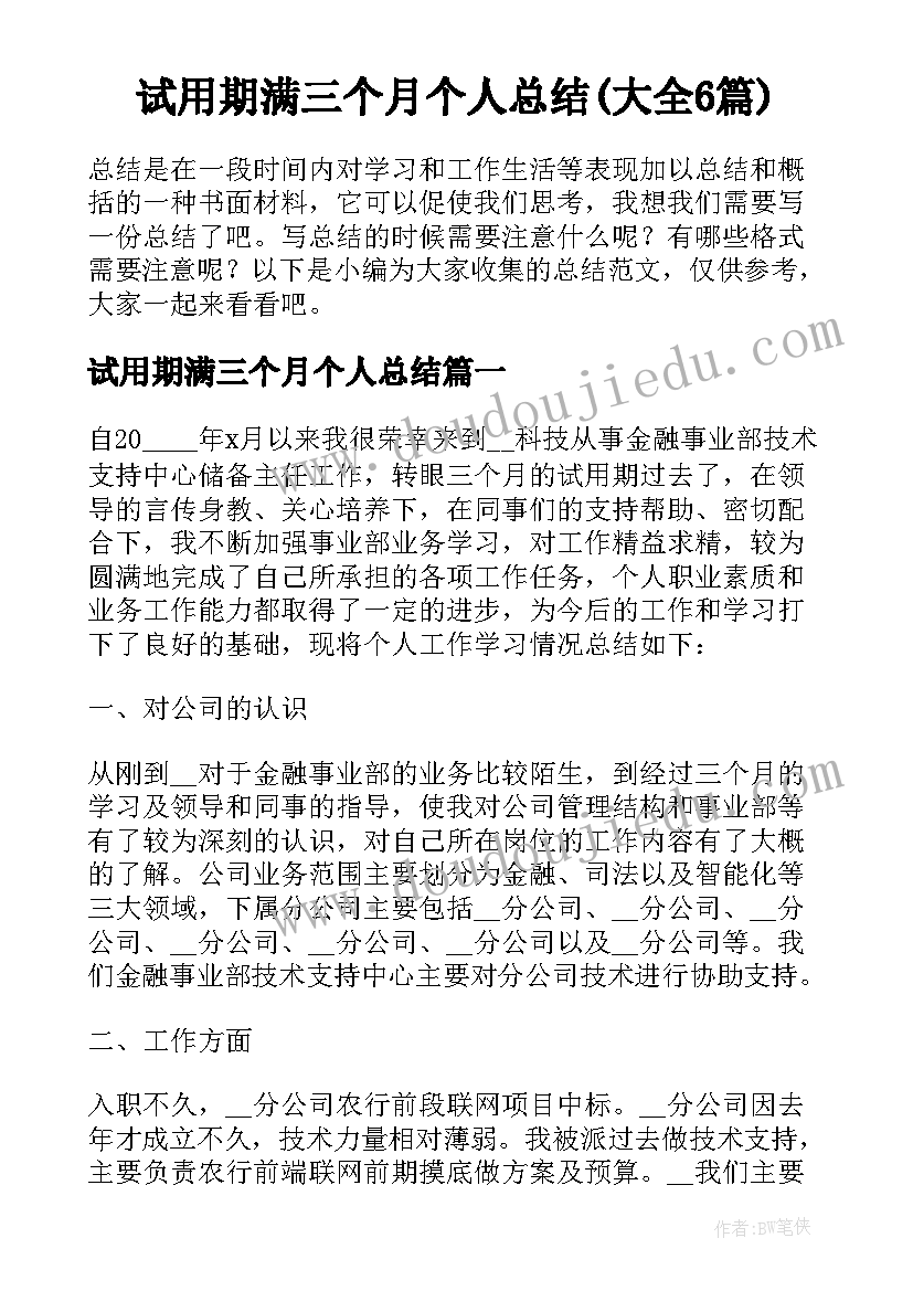 试用期满三个月个人总结(大全6篇)