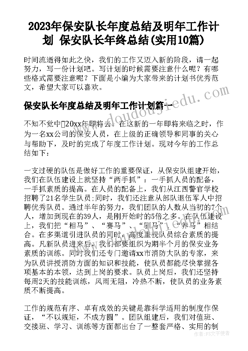 2023年保安队长年度总结及明年工作计划 保安队长年终总结(实用10篇)