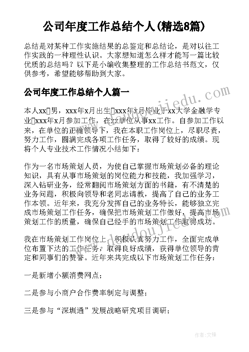 公司年度工作总结个人(精选8篇)