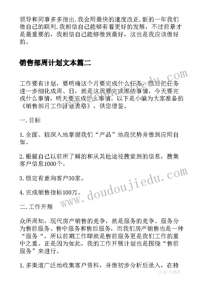 2023年销售部周计划文本 销售部工作计划表格(优质5篇)