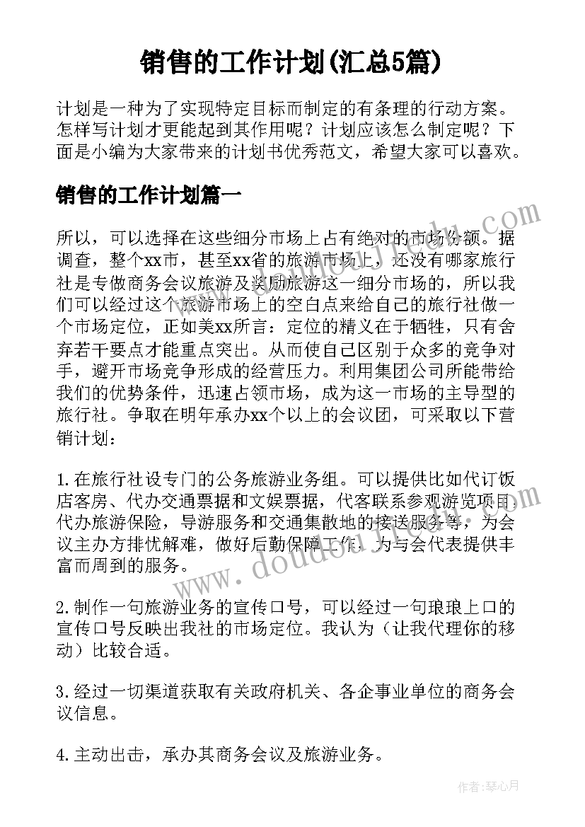 销售的工作计划(汇总5篇)