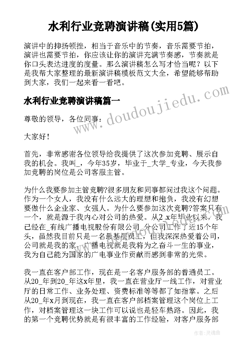 水利行业竞聘演讲稿(实用5篇)