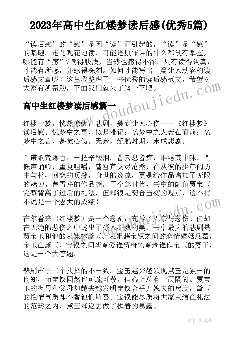 2023年高中生红楼梦读后感(优秀5篇)