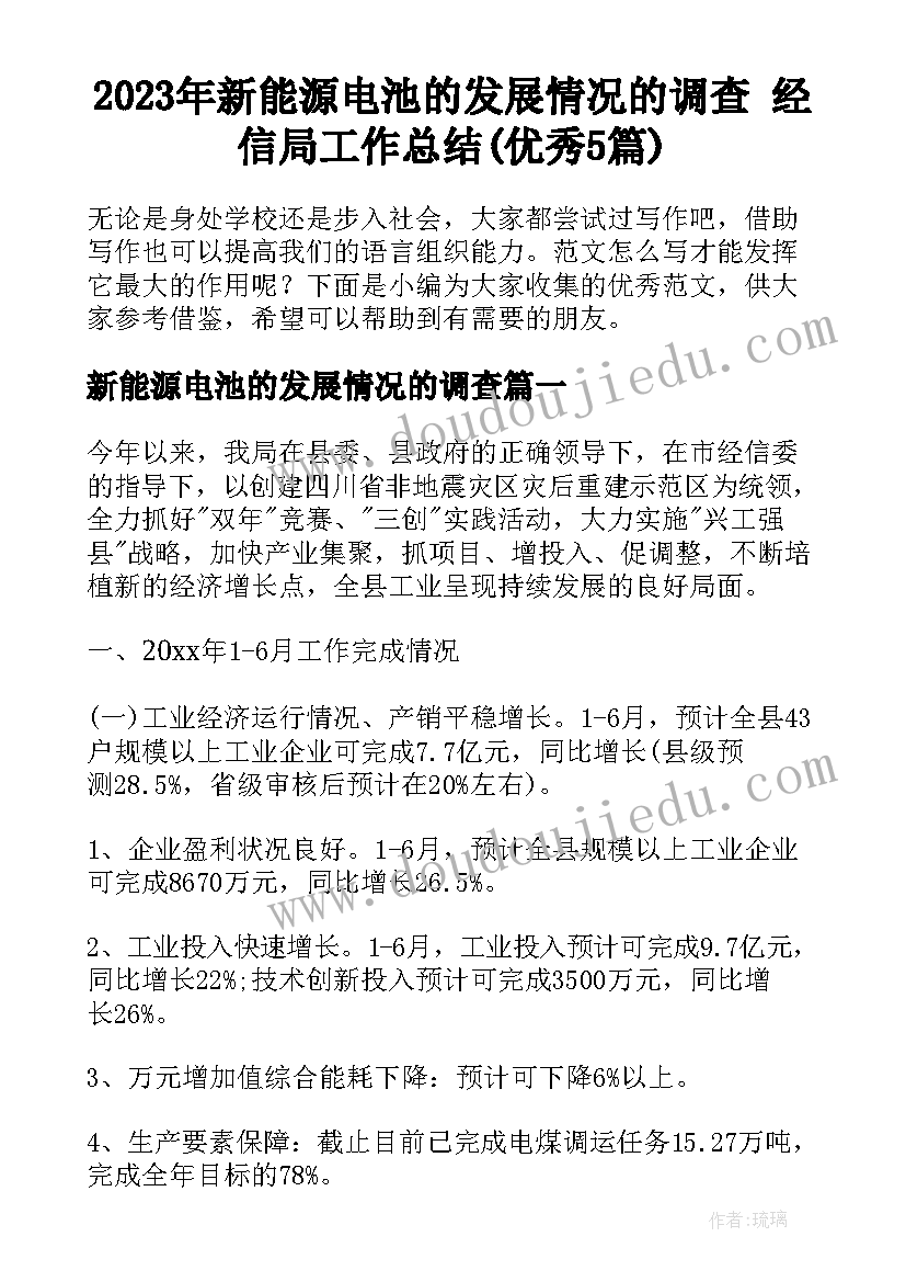 2023年新能源电池的发展情况的调查 经信局工作总结(优秀5篇)