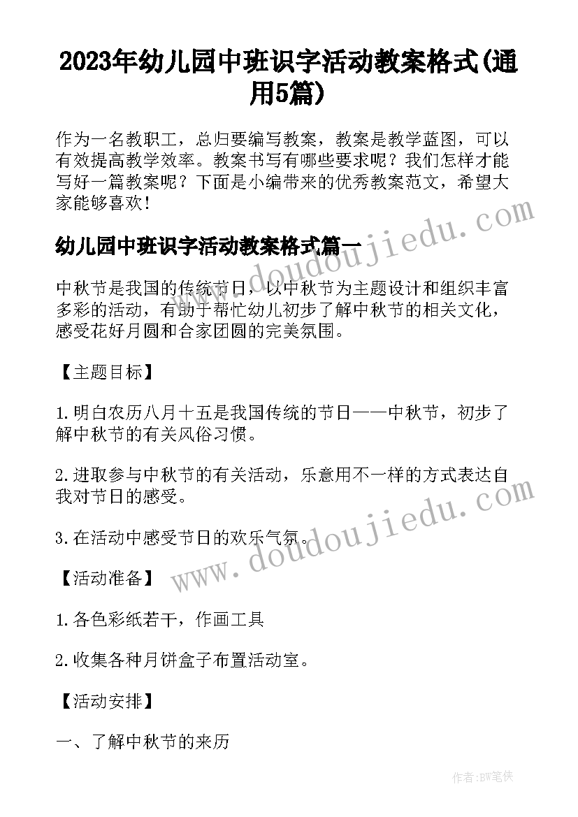 2023年幼儿园中班识字活动教案格式(通用5篇)