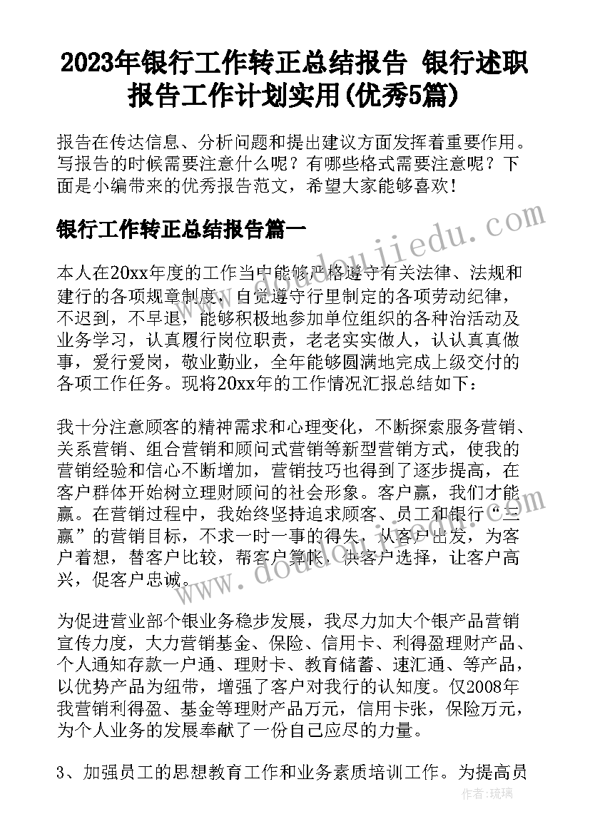 2023年银行工作转正总结报告 银行述职报告工作计划实用(优秀5篇)