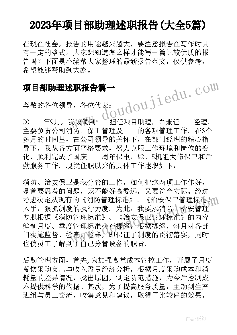 2023年项目部助理述职报告(大全5篇)