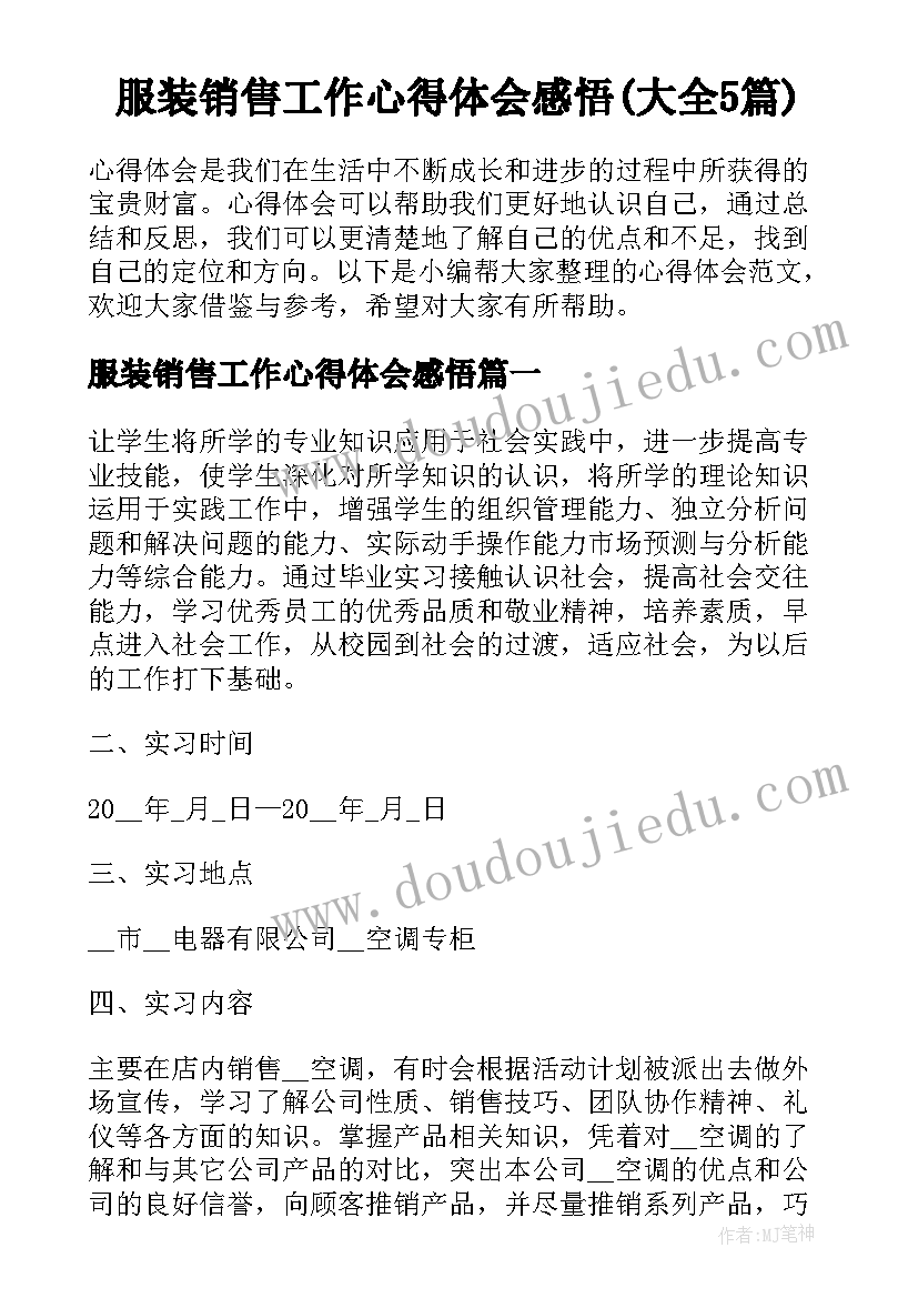 服装销售工作心得体会感悟(大全5篇)