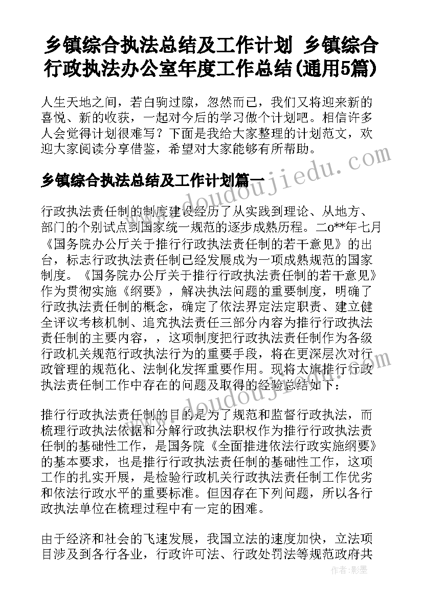 乡镇综合执法总结及工作计划 乡镇综合行政执法办公室年度工作总结(通用5篇)