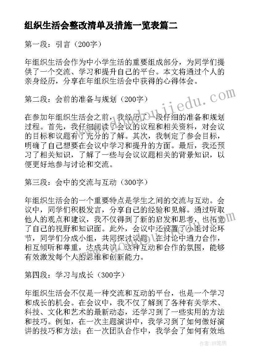 2023年组织生活会整改清单及措施一览表 收听组织生活会心得体会(模板8篇)