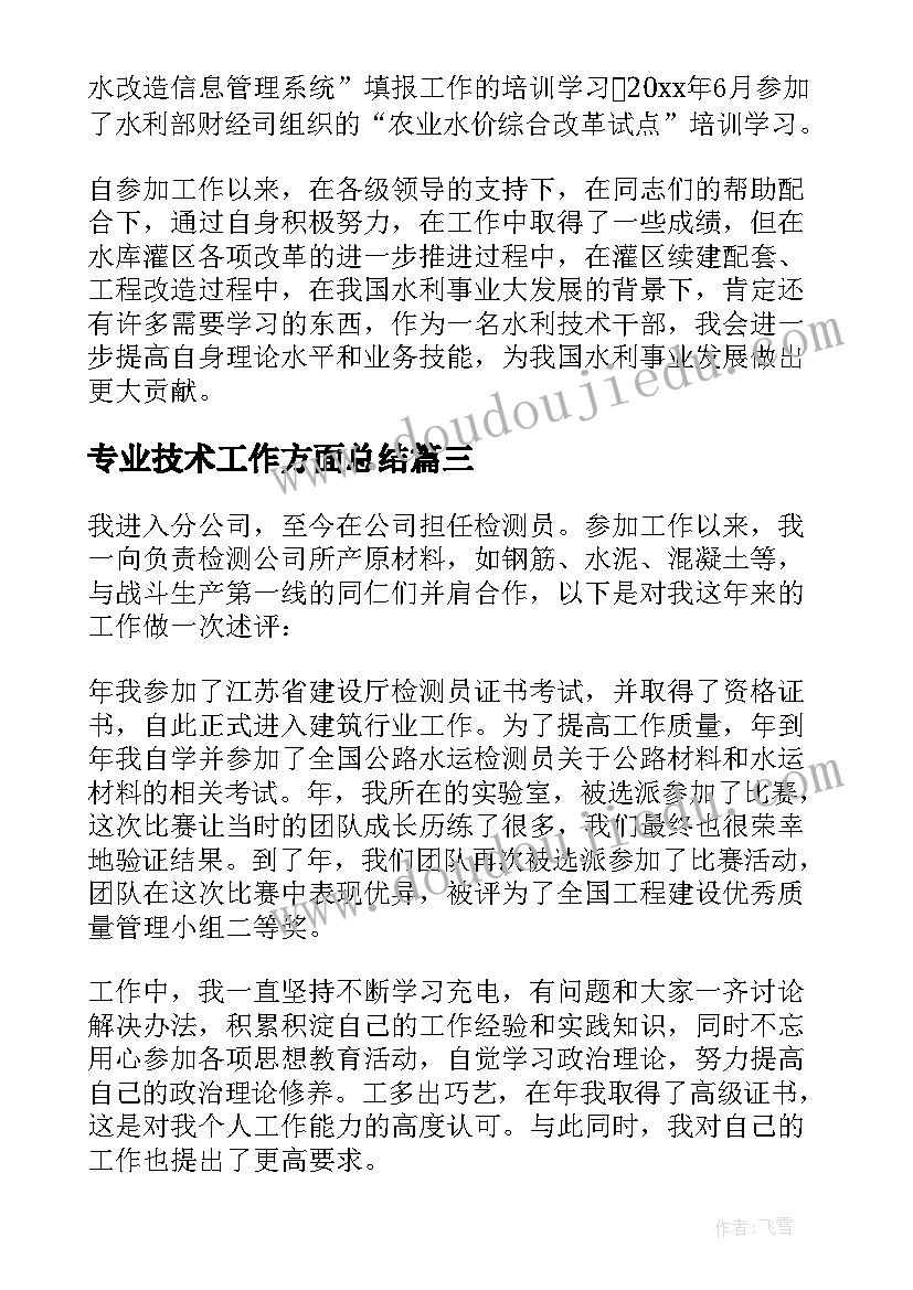 2023年专业技术工作方面总结(模板8篇)