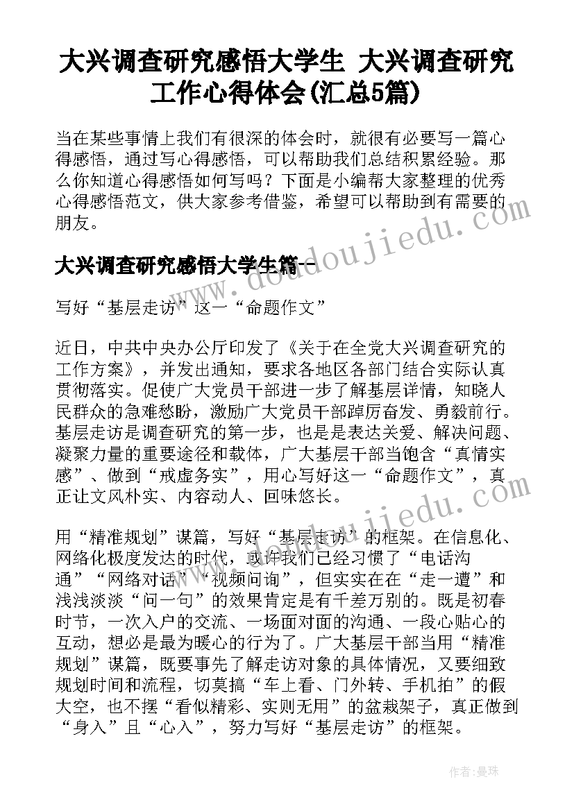 大兴调查研究感悟大学生 大兴调查研究工作心得体会(汇总5篇)