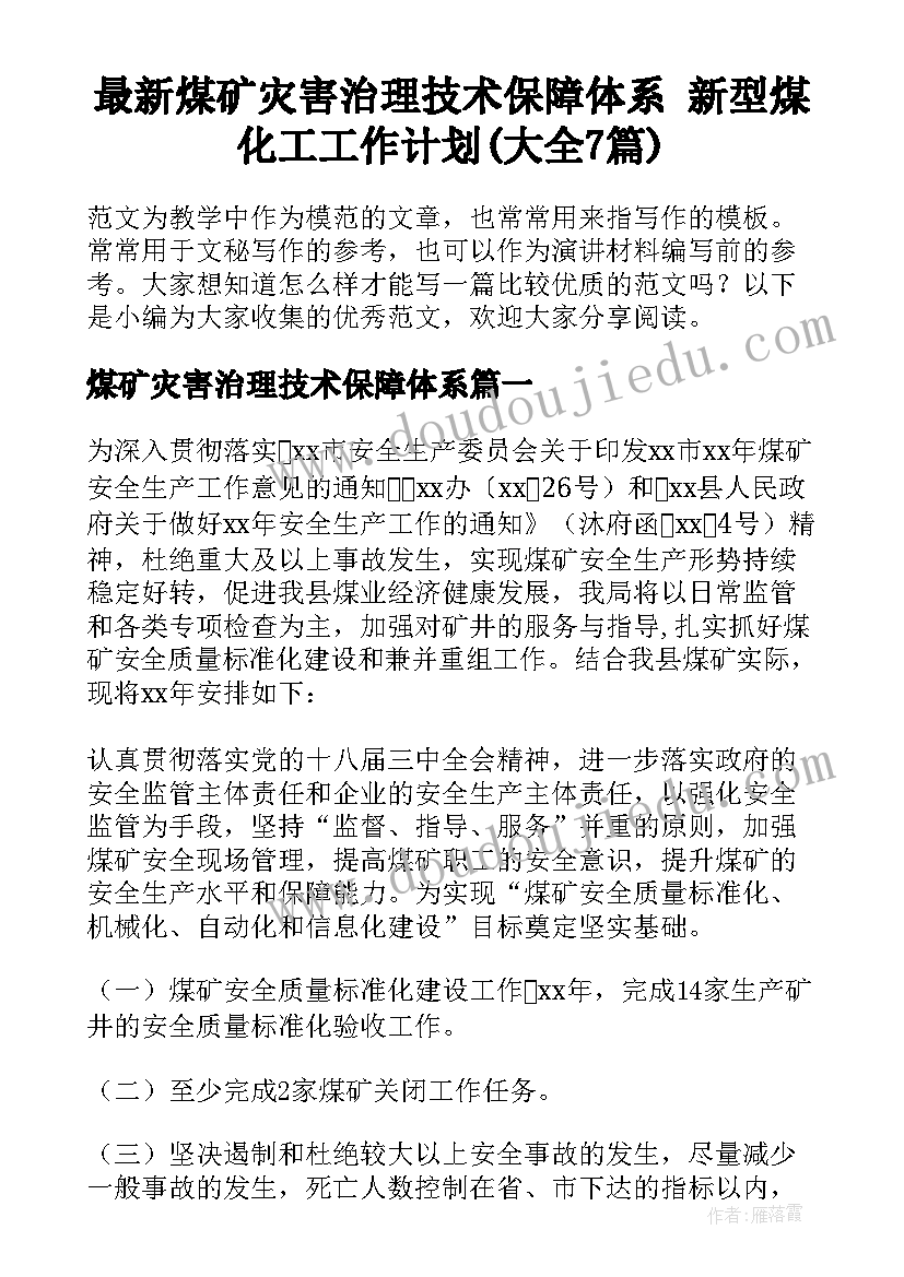 最新煤矿灾害治理技术保障体系 新型煤化工工作计划(大全7篇)