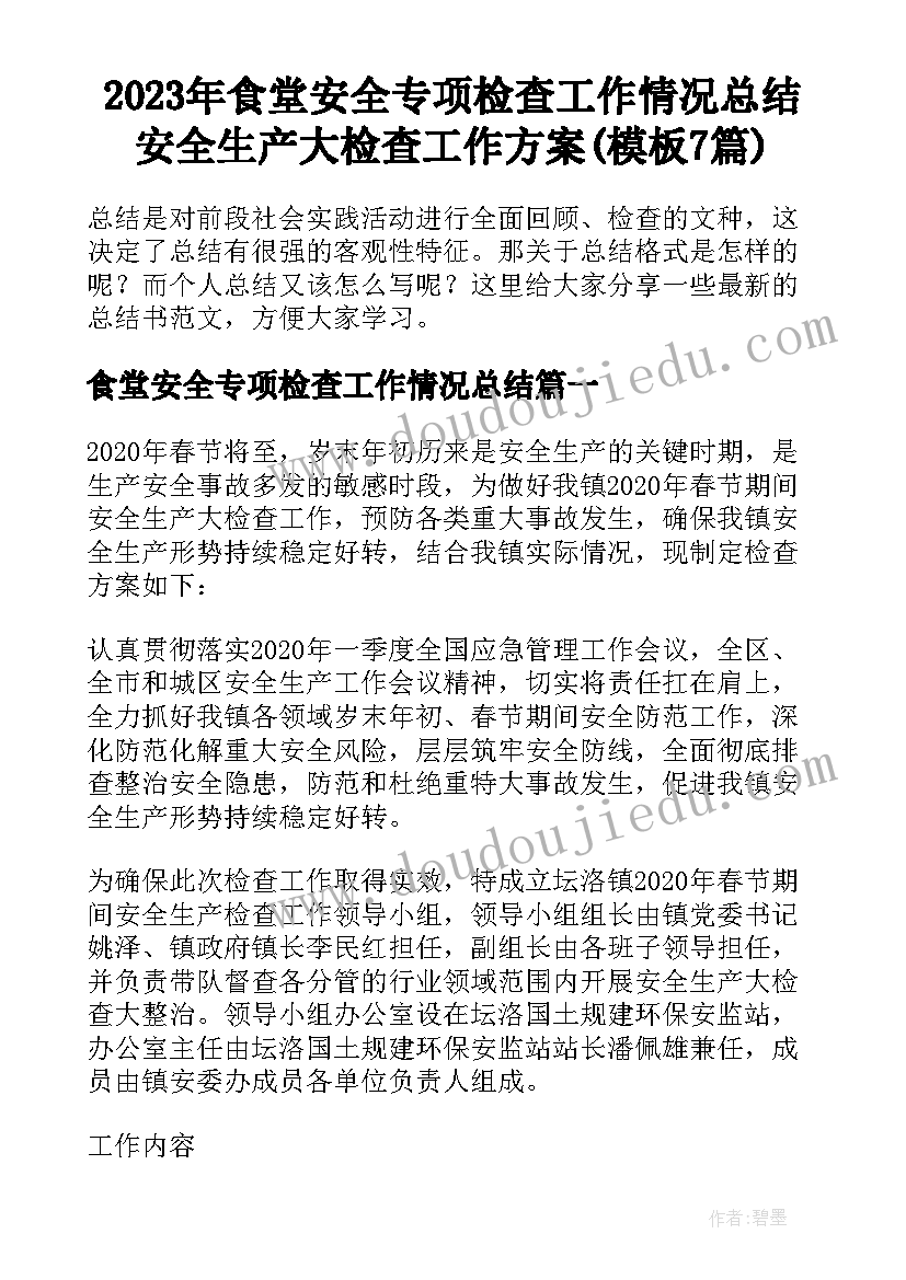 2023年食堂安全专项检查工作情况总结 安全生产大检查工作方案(模板7篇)