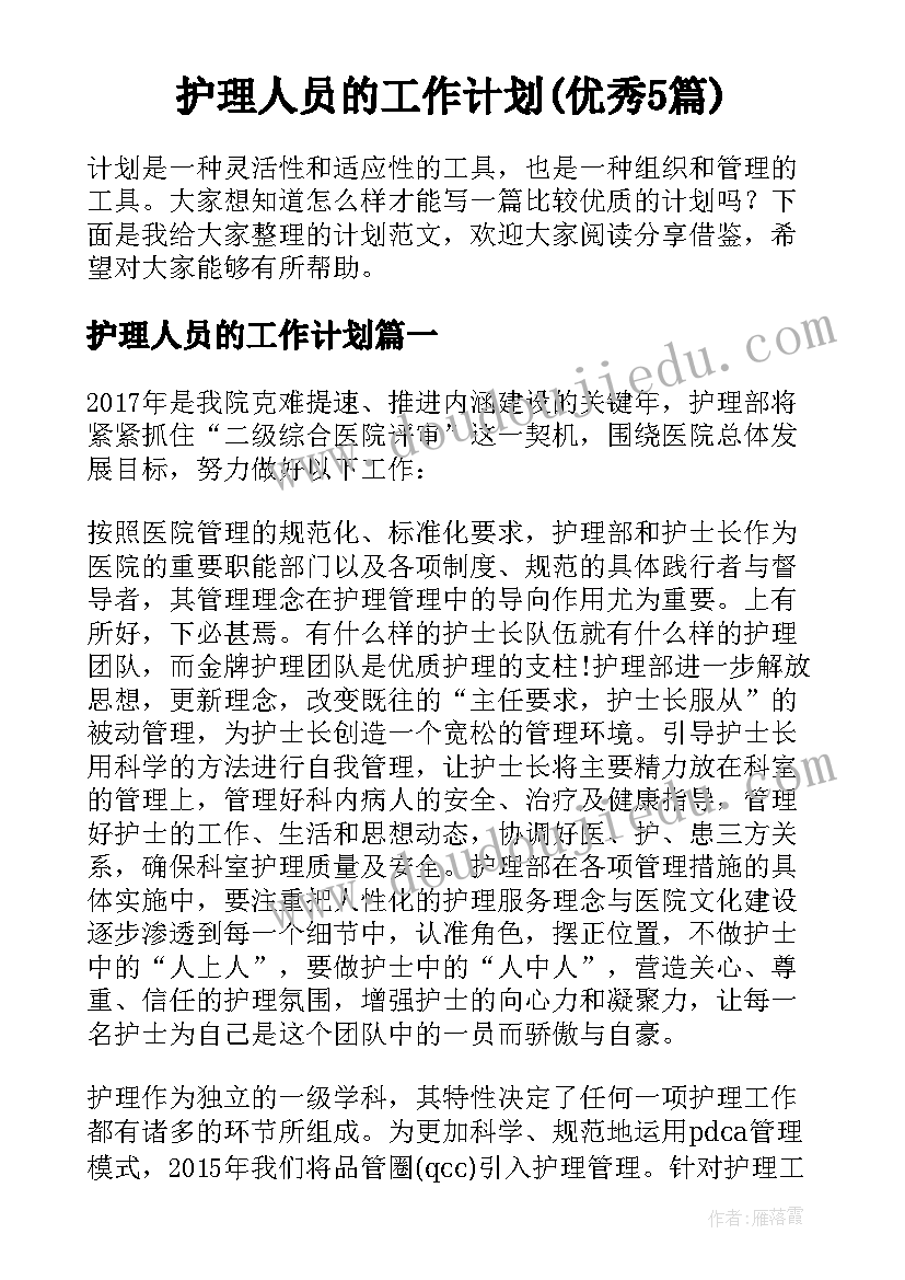 护理人员的工作计划(优秀5篇)