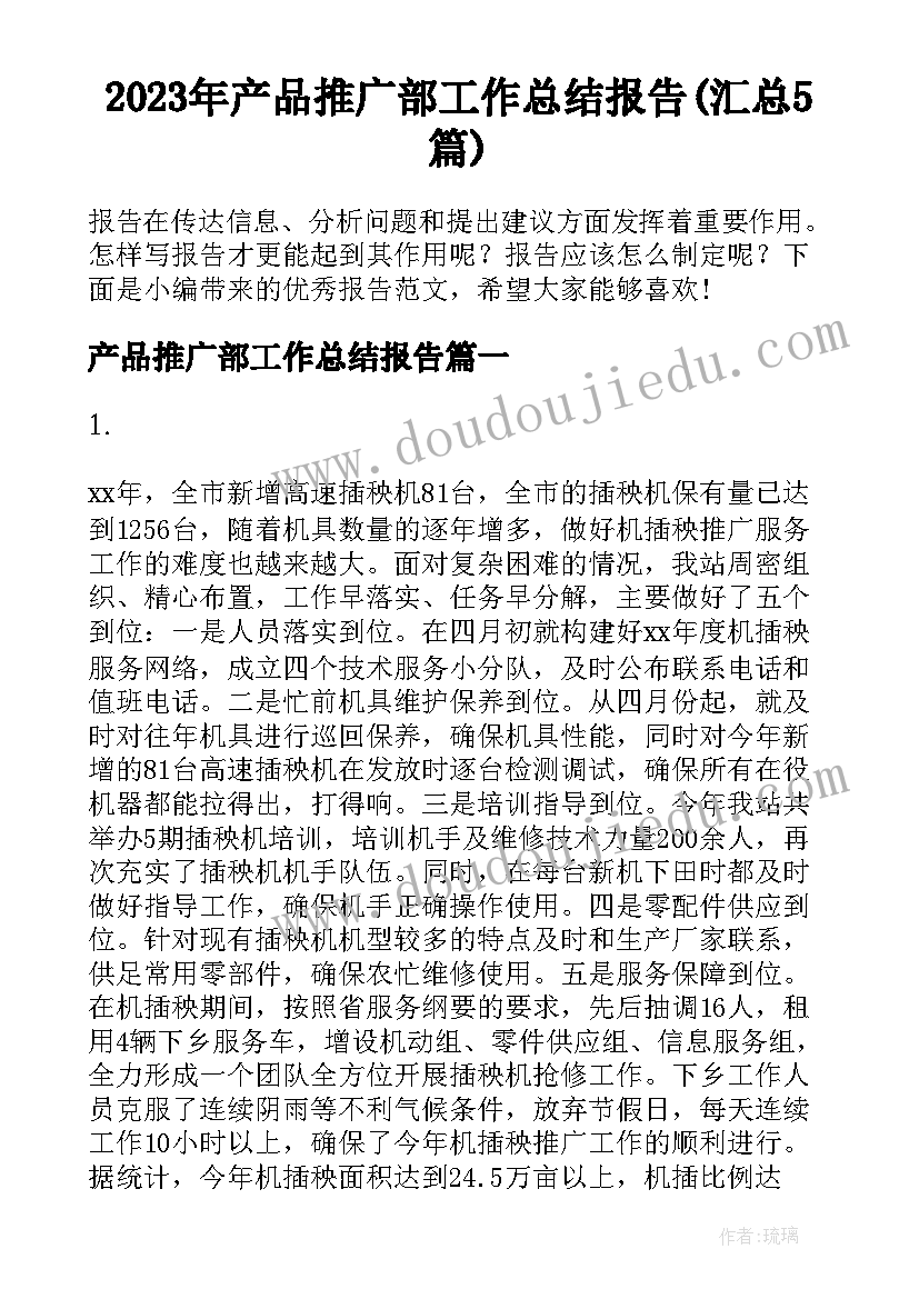 2023年产品推广部工作总结报告(汇总5篇)