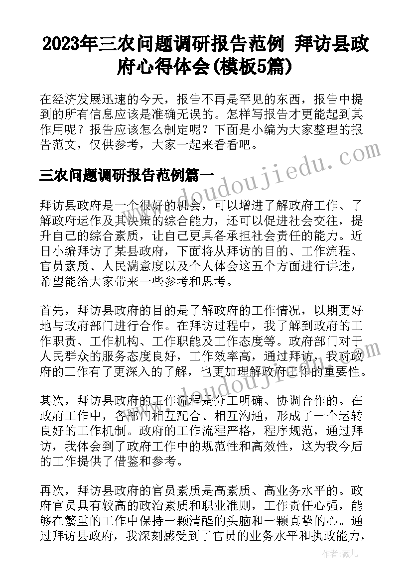 2023年三农问题调研报告范例 拜访县政府心得体会(模板5篇)