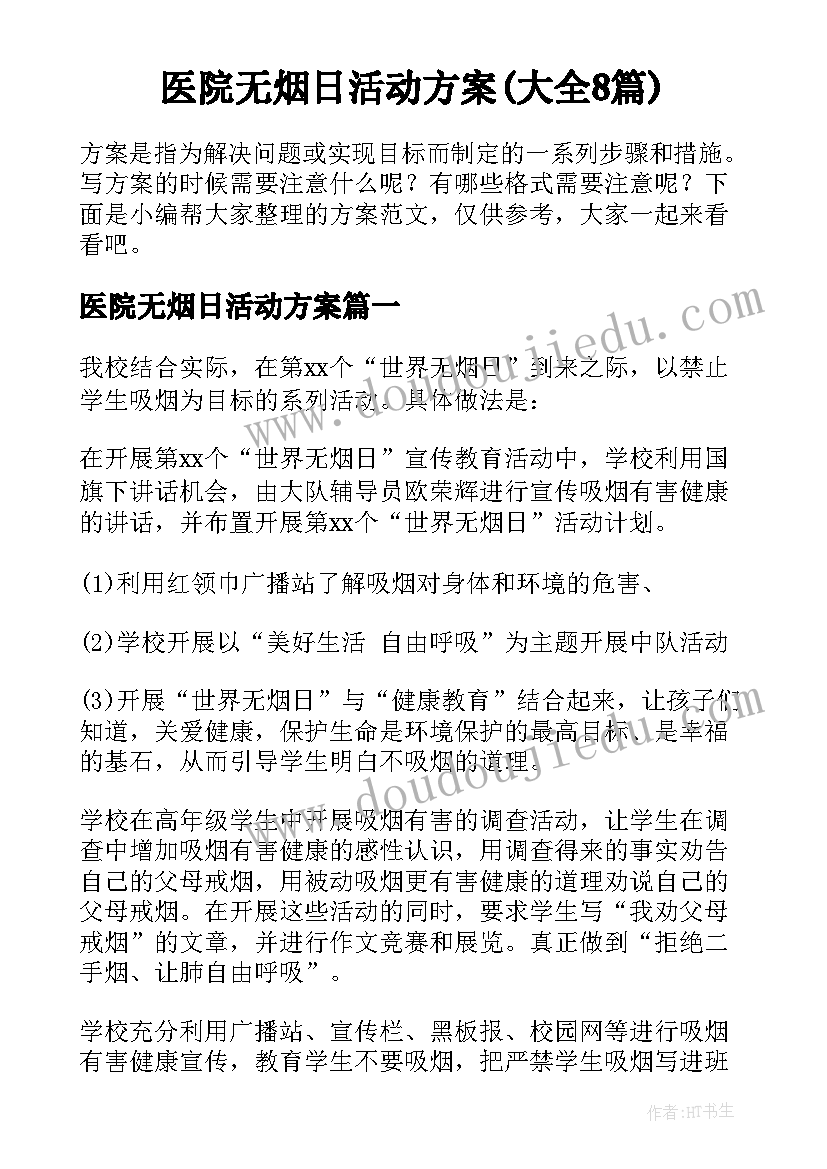 医院无烟日活动方案(大全8篇)