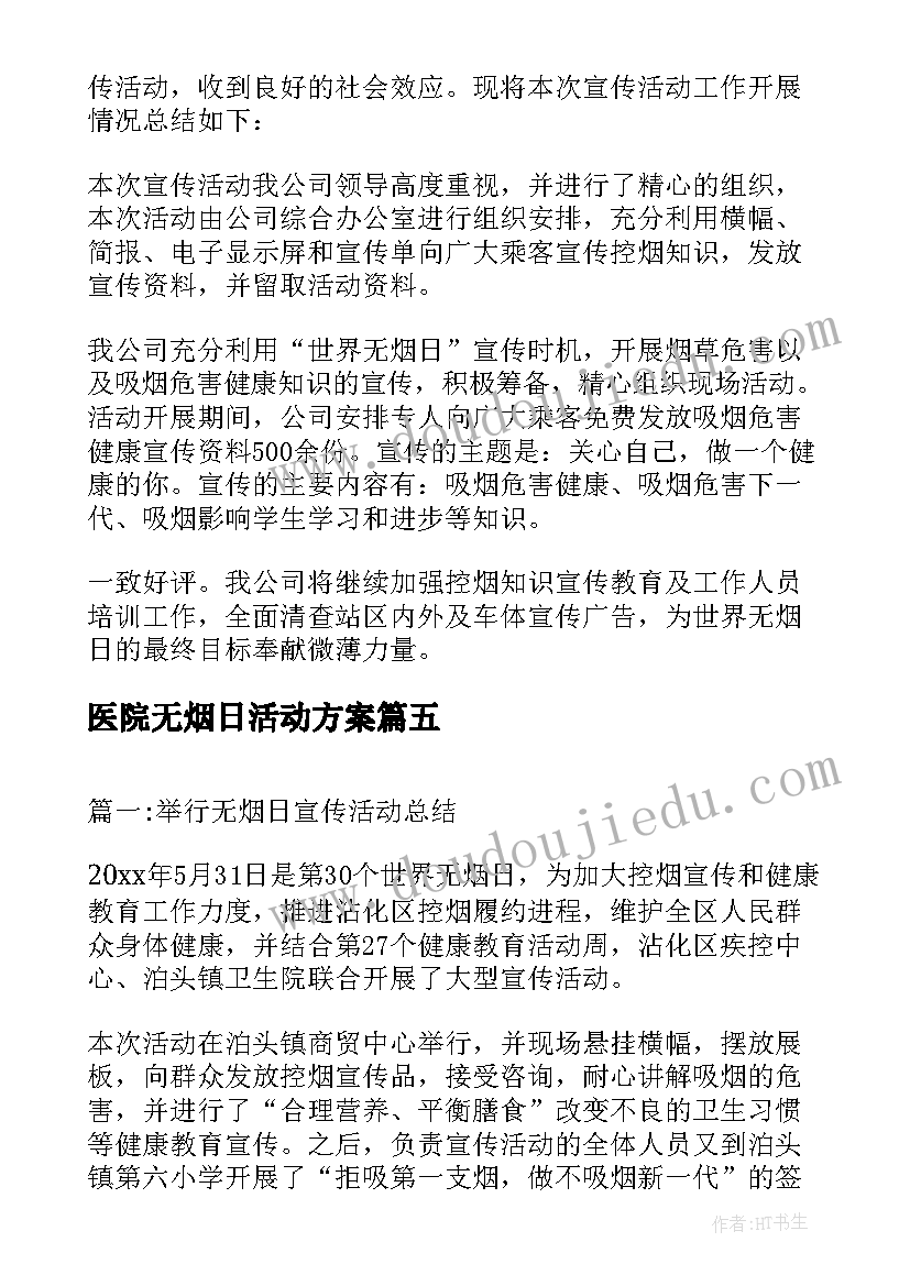 医院无烟日活动方案(大全8篇)