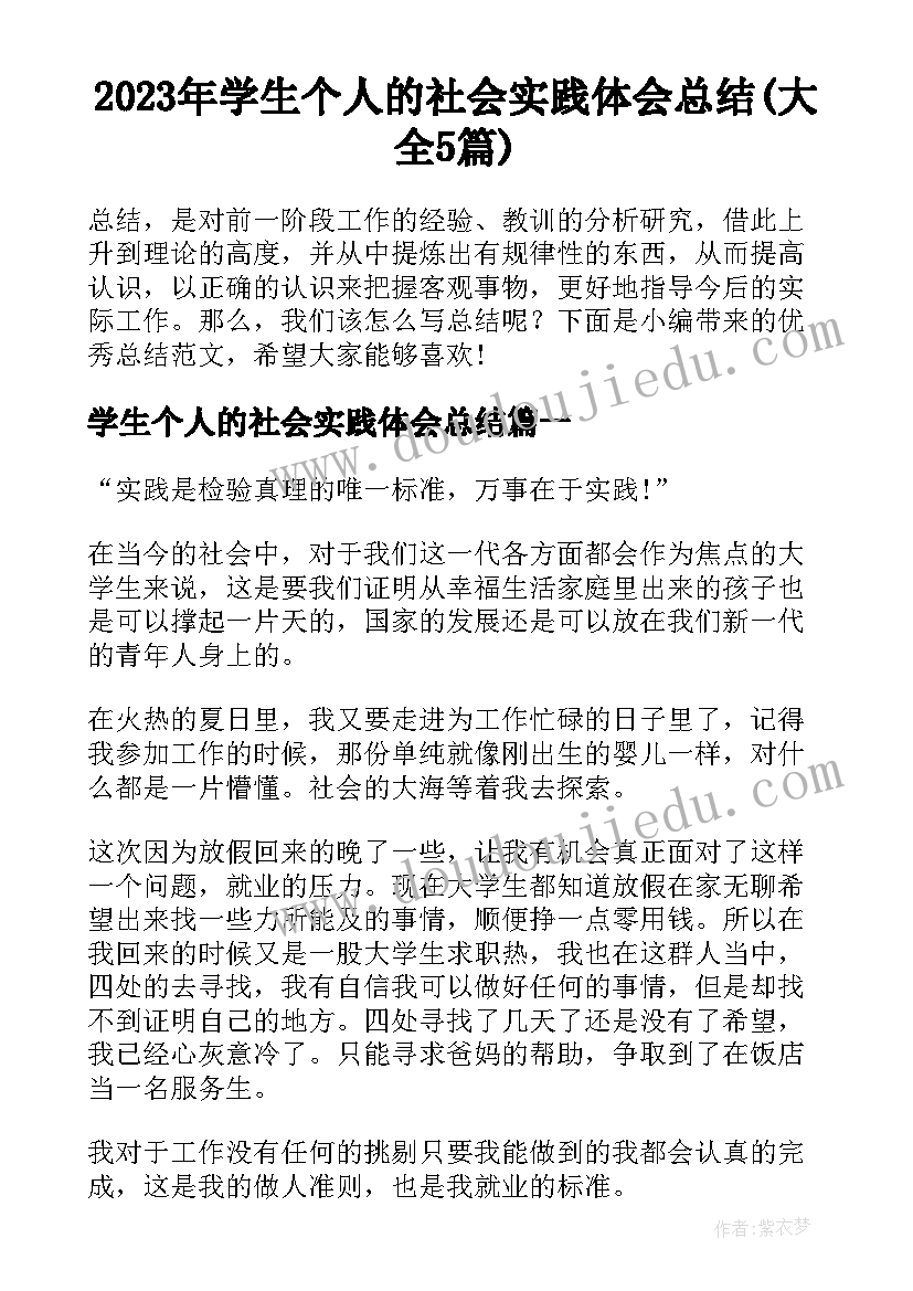 2023年学生个人的社会实践体会总结(大全5篇)