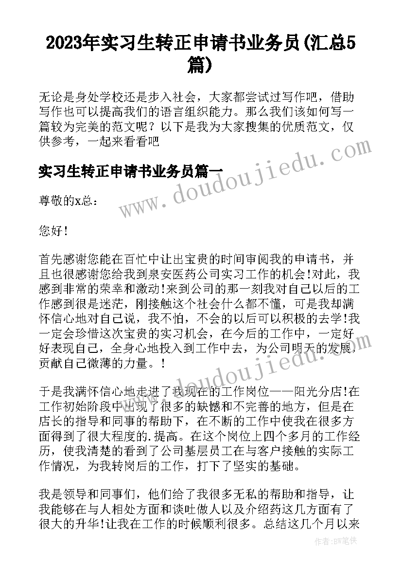 2023年实习生转正申请书业务员(汇总5篇)