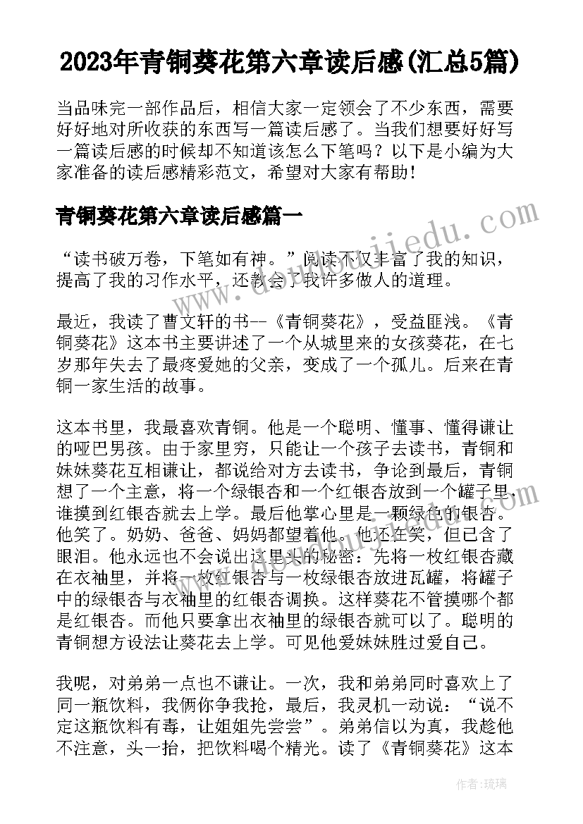 2023年青铜葵花第六章读后感(汇总5篇)