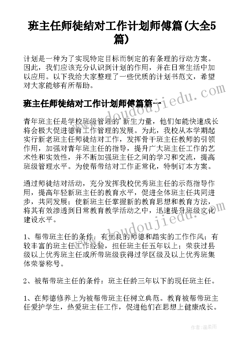 班主任师徒结对工作计划师傅篇(大全5篇)