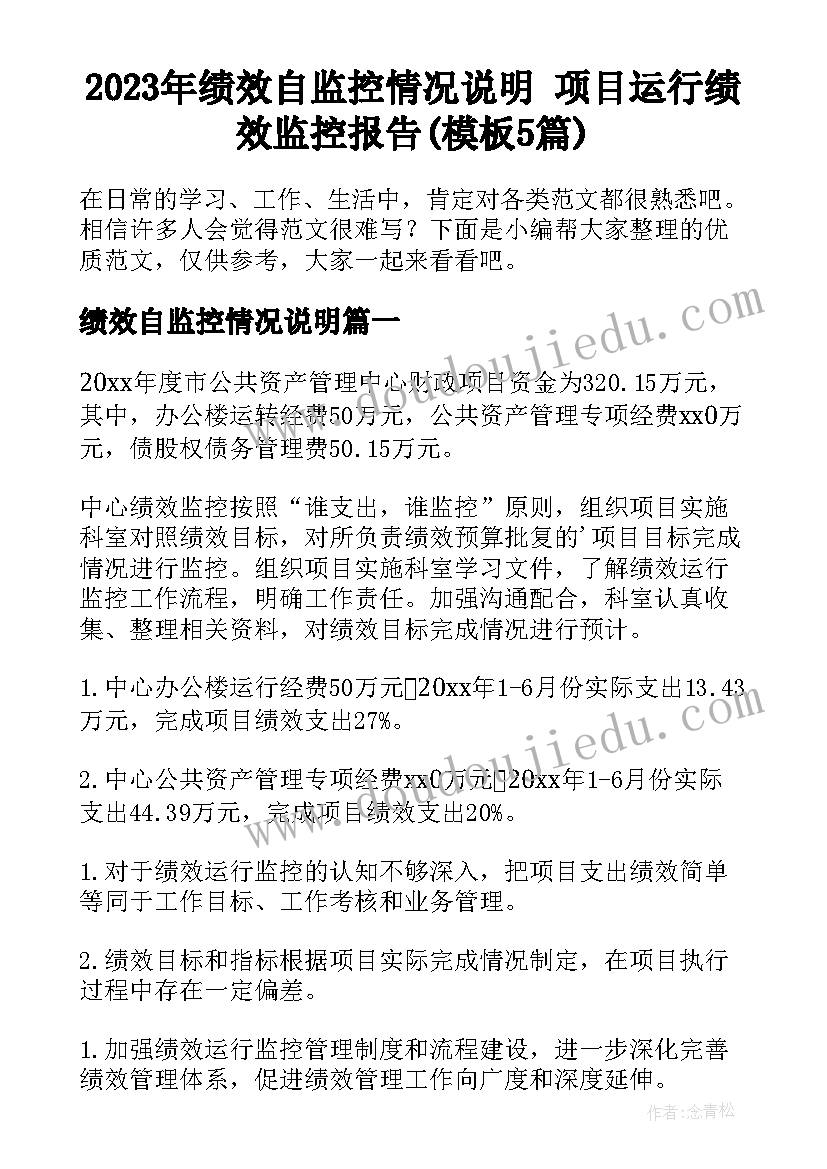 2023年绩效自监控情况说明 项目运行绩效监控报告(模板5篇)