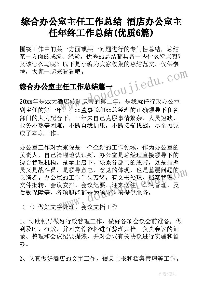 综合办公室主任工作总结 酒店办公室主任年终工作总结(优质6篇)