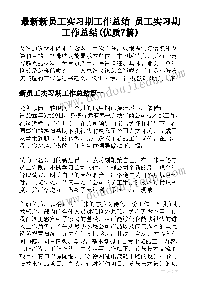 最新新员工实习期工作总结 员工实习期工作总结(优质7篇)