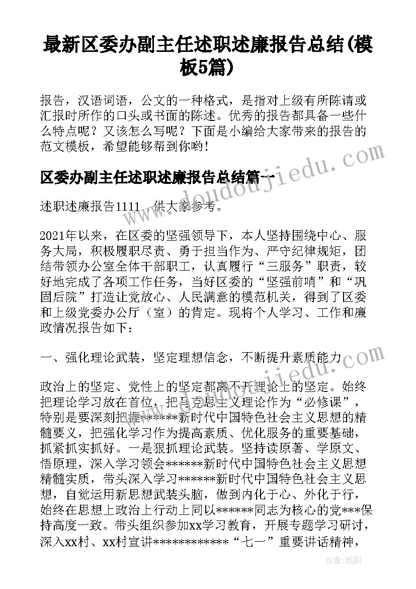 最新区委办副主任述职述廉报告总结(模板5篇)