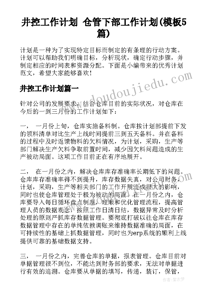 井控工作计划 仓管下部工作计划(模板5篇)