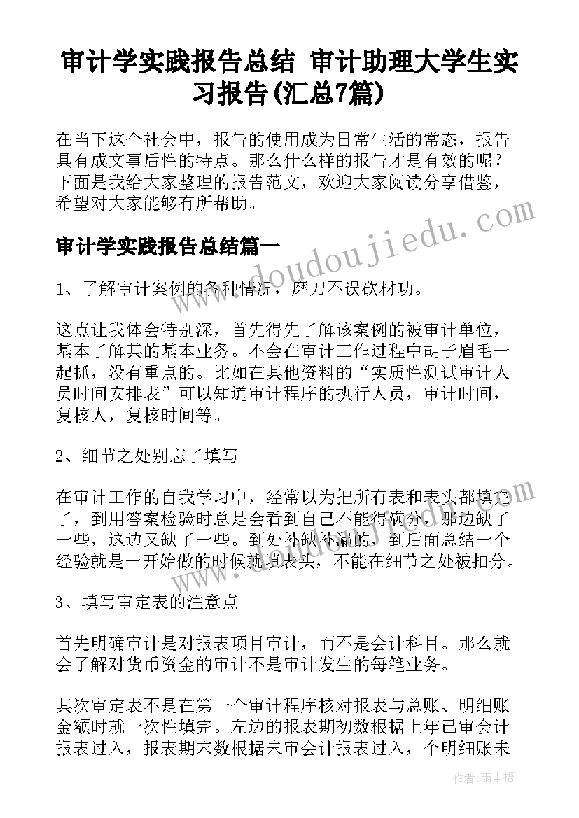 审计学实践报告总结 审计助理大学生实习报告(汇总7篇)