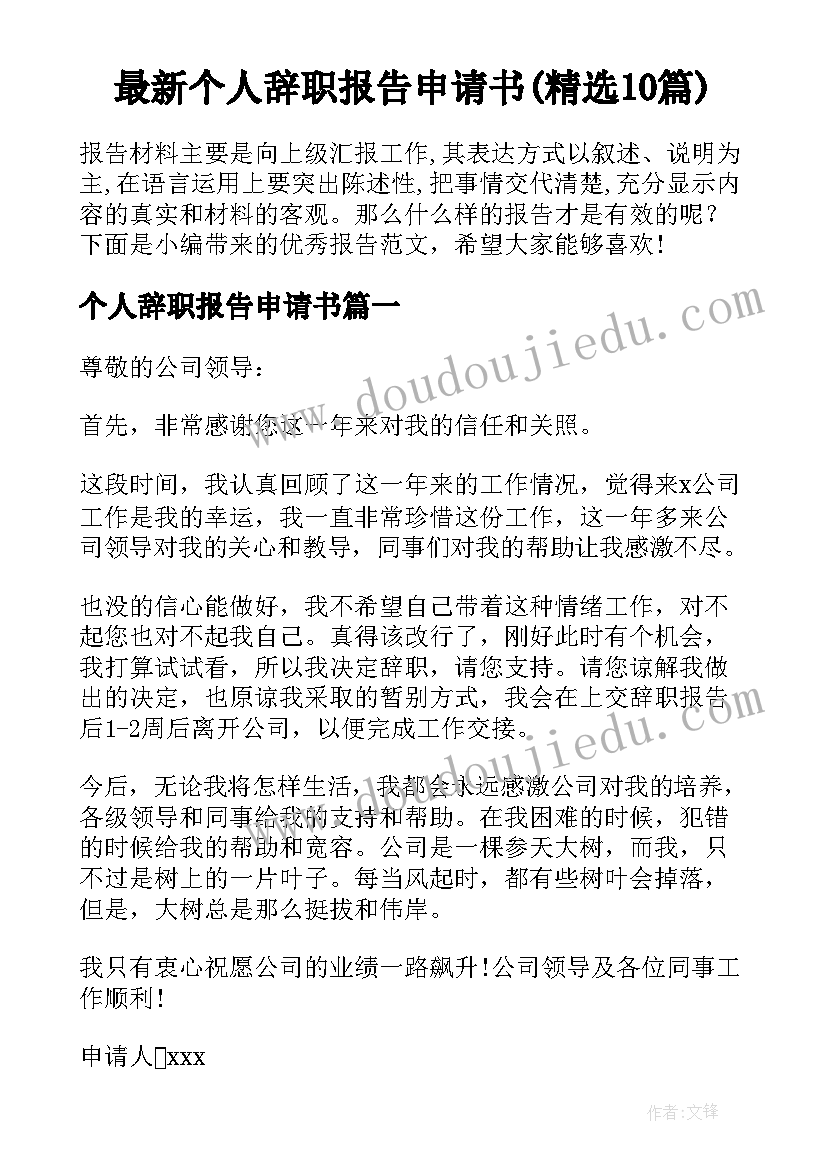 最新个人辞职报告申请书(精选10篇)