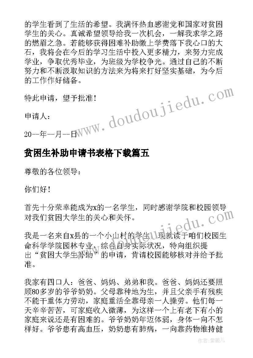 最新贫困生补助申请书表格下载 初中贫困生年终补助申请书(通用5篇)