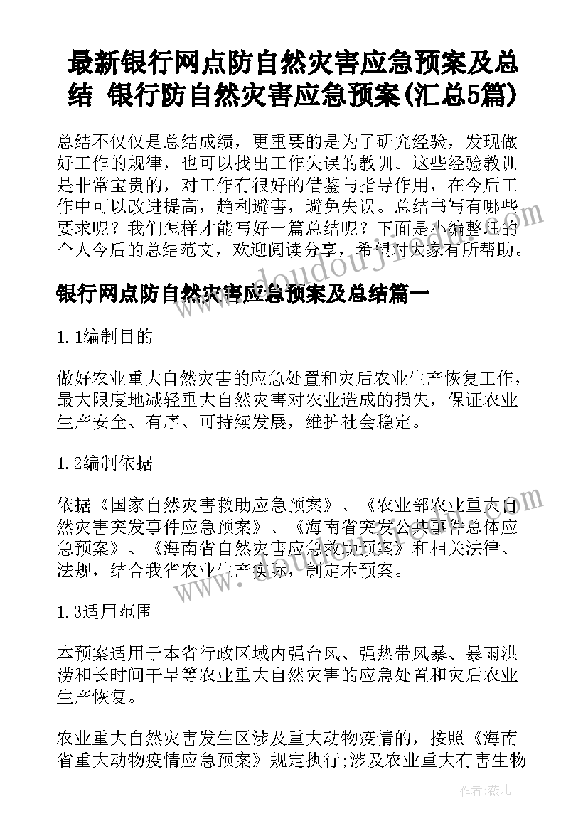 最新银行网点防自然灾害应急预案及总结 银行防自然灾害应急预案(汇总5篇)